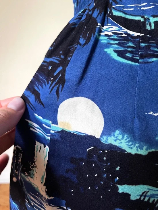 Rare Vtg 1950s Alfred Shaheen blue Hawaii island scene sweetheart wrap dress XS - Picture 16 of 16